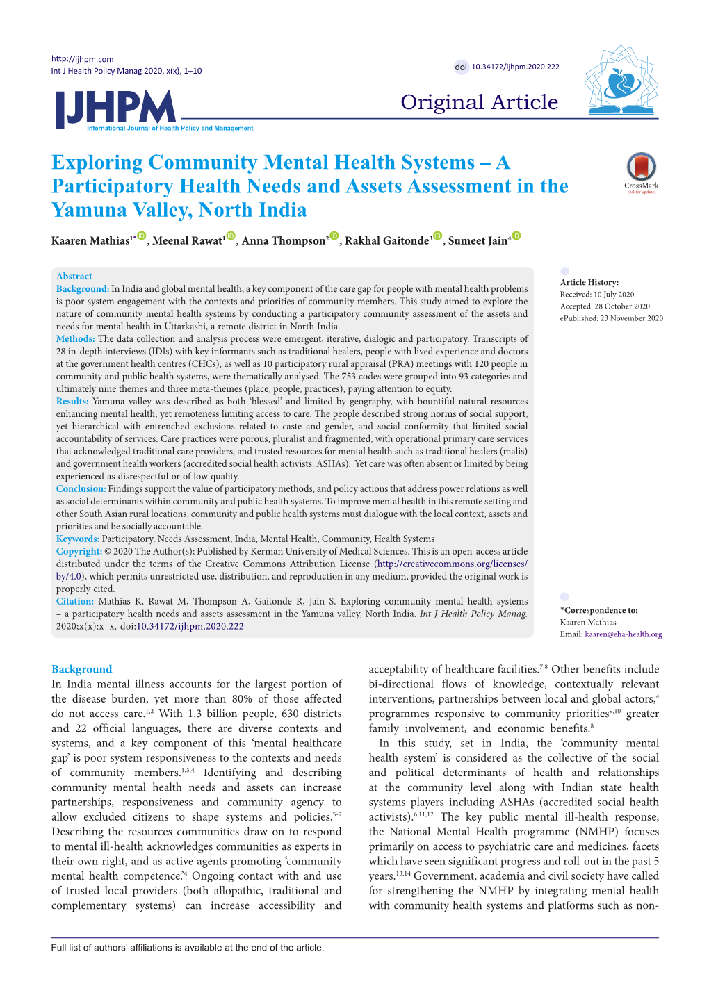 Exploring Community Mental Health Systems – a Participatory Health Needs and Assets Assessment in the Yamuna Valley, North India