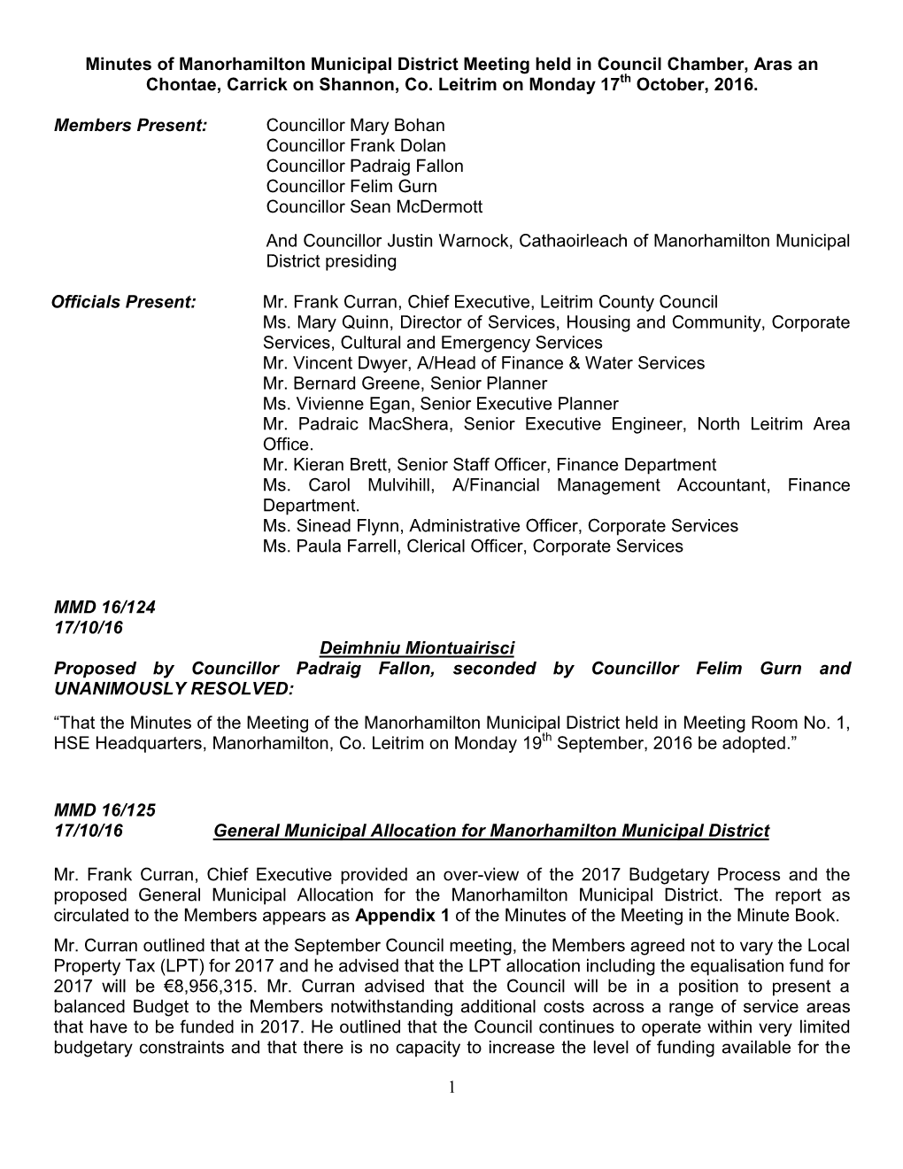 1 Minutes of Manorhamilton Municipal District Meeting Held in Council