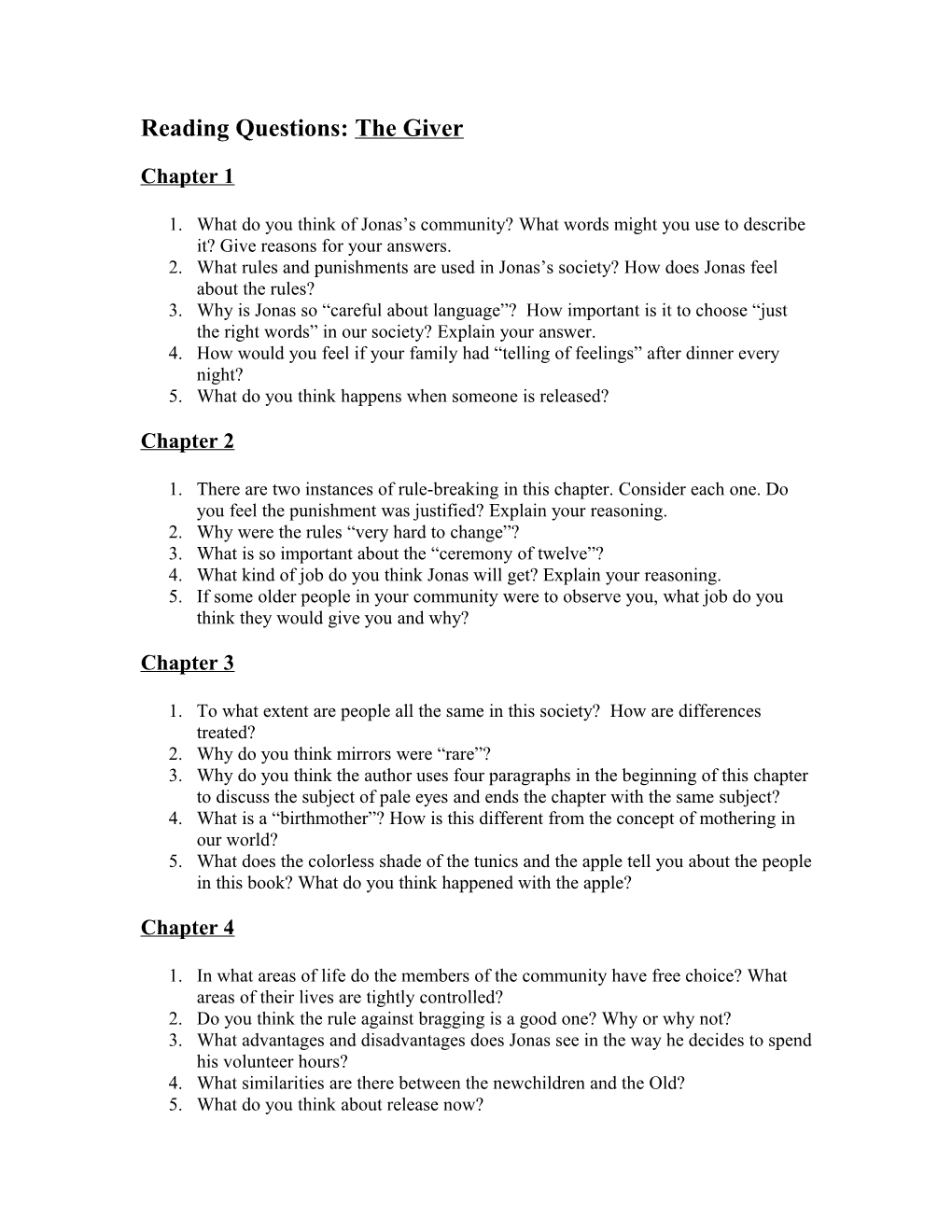 The Giver: Possible Journal and Discussion Topics s1