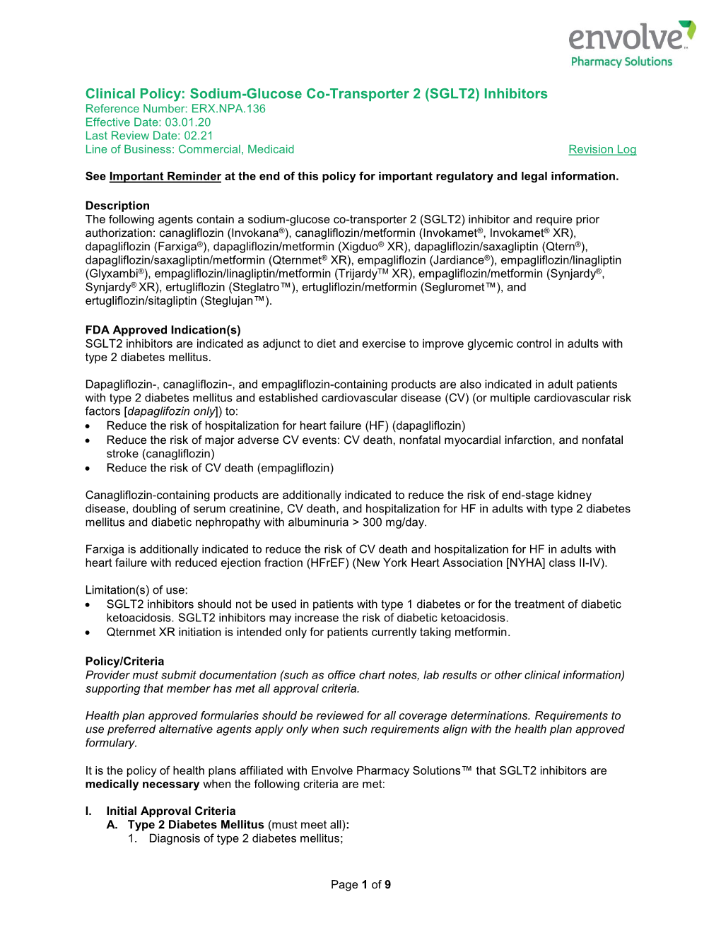 ERX.NPA.136 Sodium-Glucose Co-Transporter 2 (SGLT2) Inhibitors