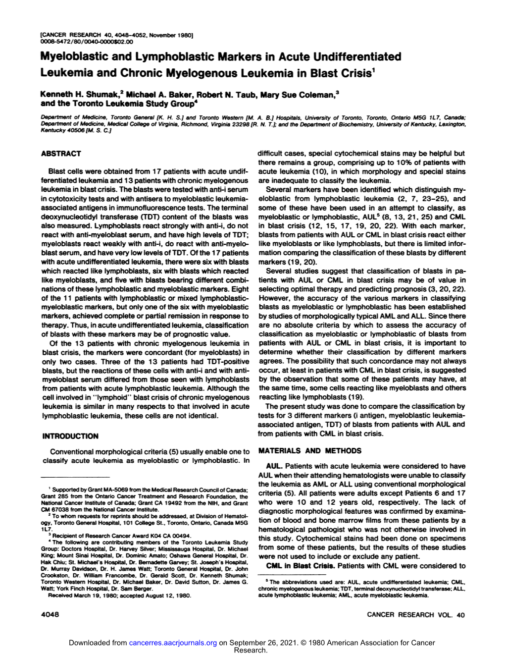 Myeloblastic and Lymphoblastic Markers in Acute Undifferentiated Leukemia and Chronic Myelogenous Leukemia in Blast Crisis1