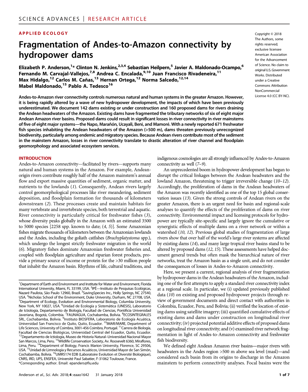 Fragmentation of Andes-To-Amazon Connectivity by Hydropower Dams