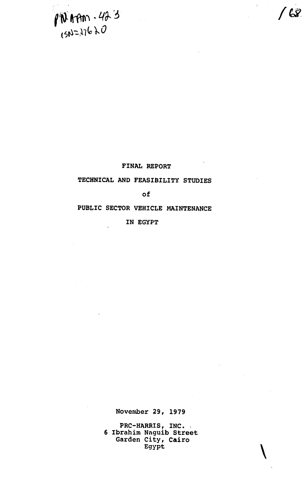 FINAL REPORT TECHNICAL and FEASIBILITY STUDIES of PUBLIC SECTOR VEHICLE MAINTENANCE in EGYPT