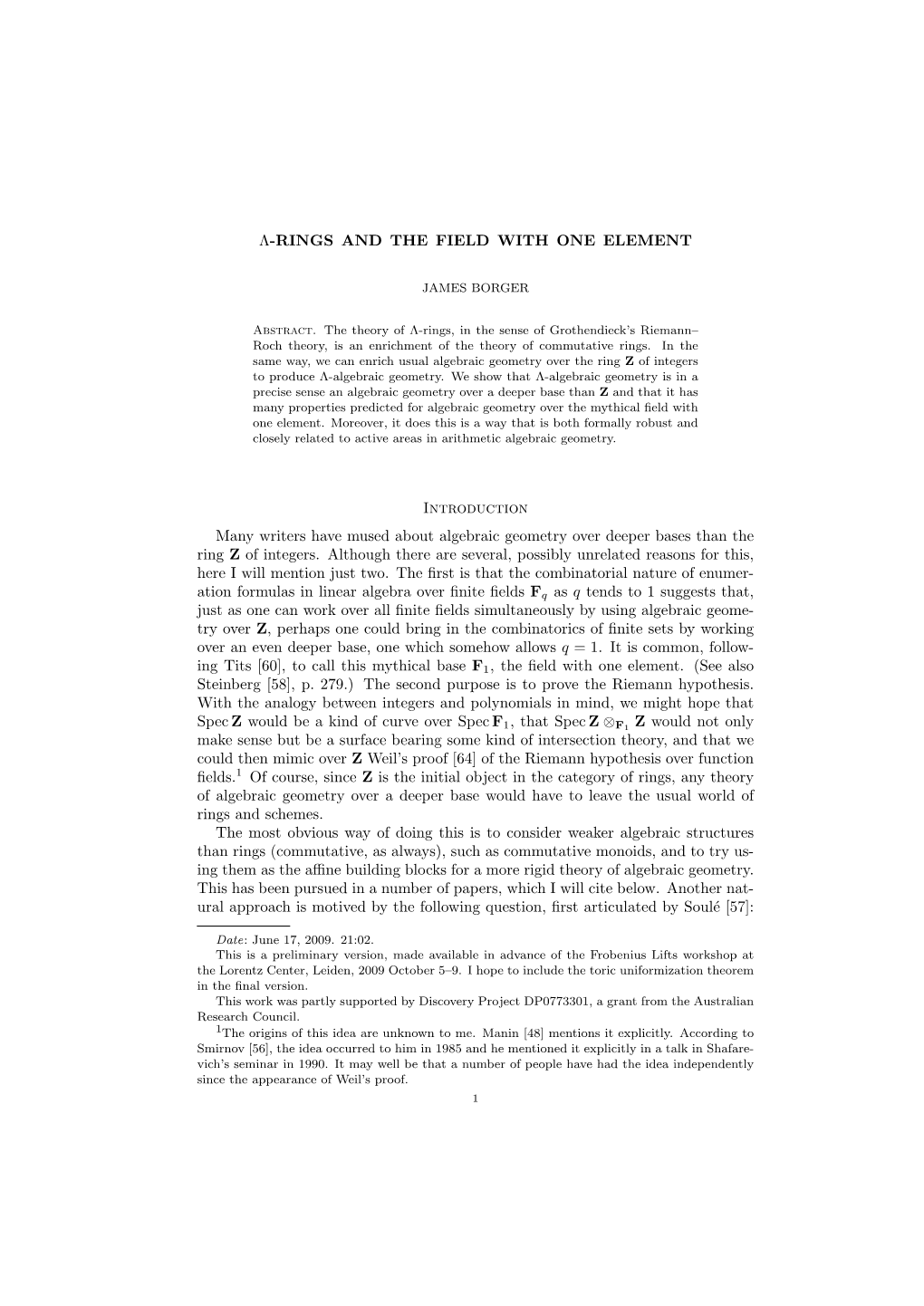 Λ-RINGS and the FIELD with ONE ELEMENT Introduction Many Writers Have Mused About Algebraic Geometry Over Deeper Bases Than