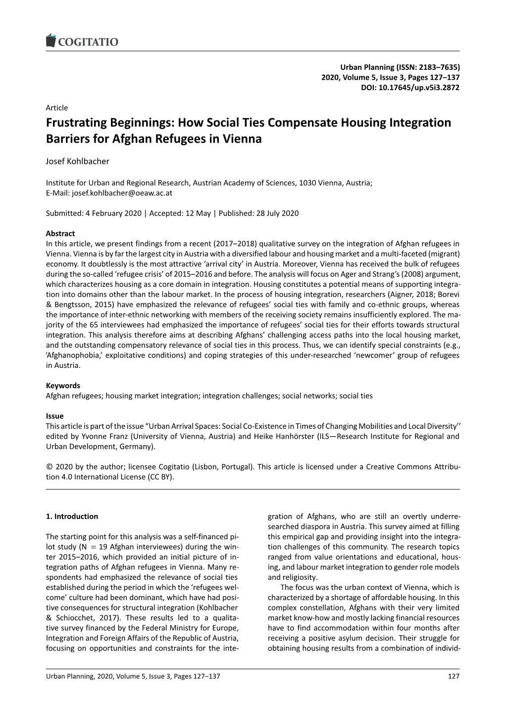 Frustrating Beginnings: How Social Ties Compensate Housing Integration Barriers for Afghan Refugees in Vienna