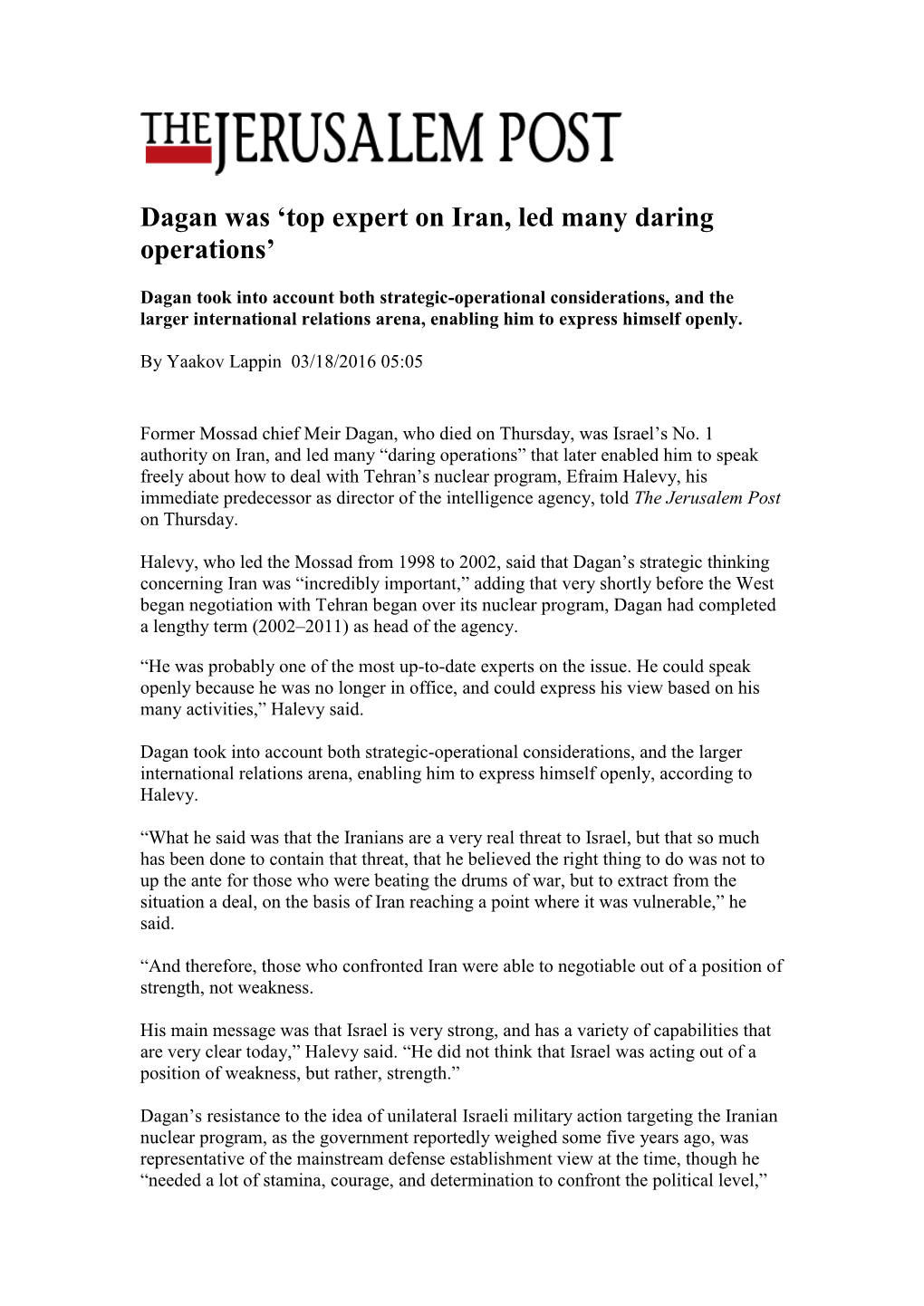 Dagan Was 'Top Expert on Iran, Led Many Daring Operations'