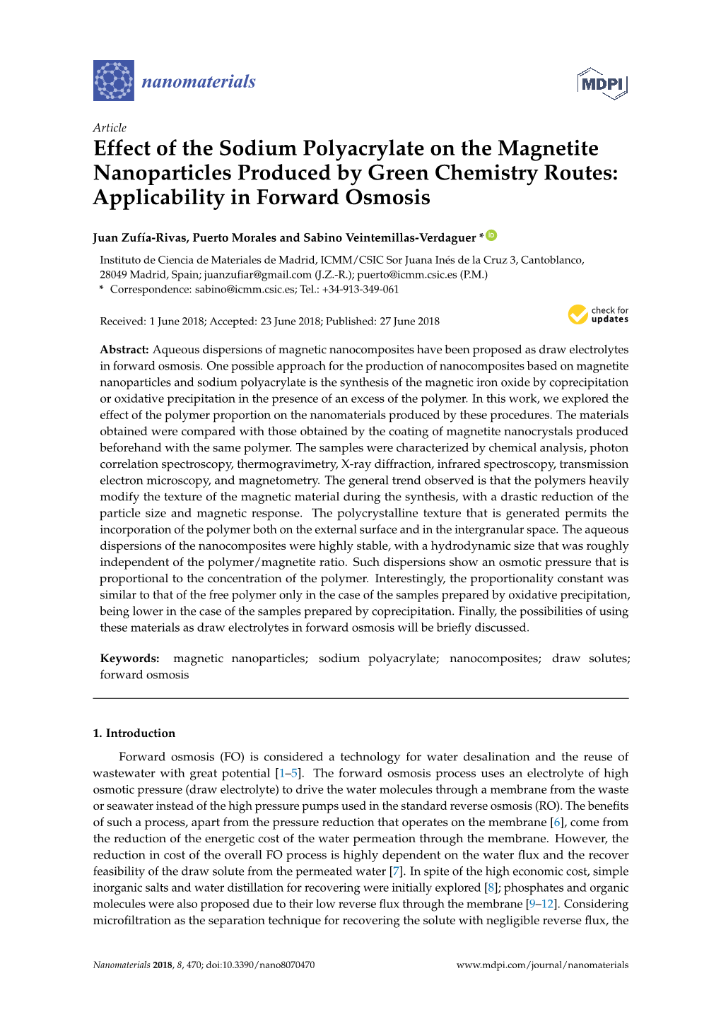 Effect of the Sodium Polyacrylate on the Magnetite Nanoparticles Produced by Green Chemistry Routes: Applicability in Forward Osmosis