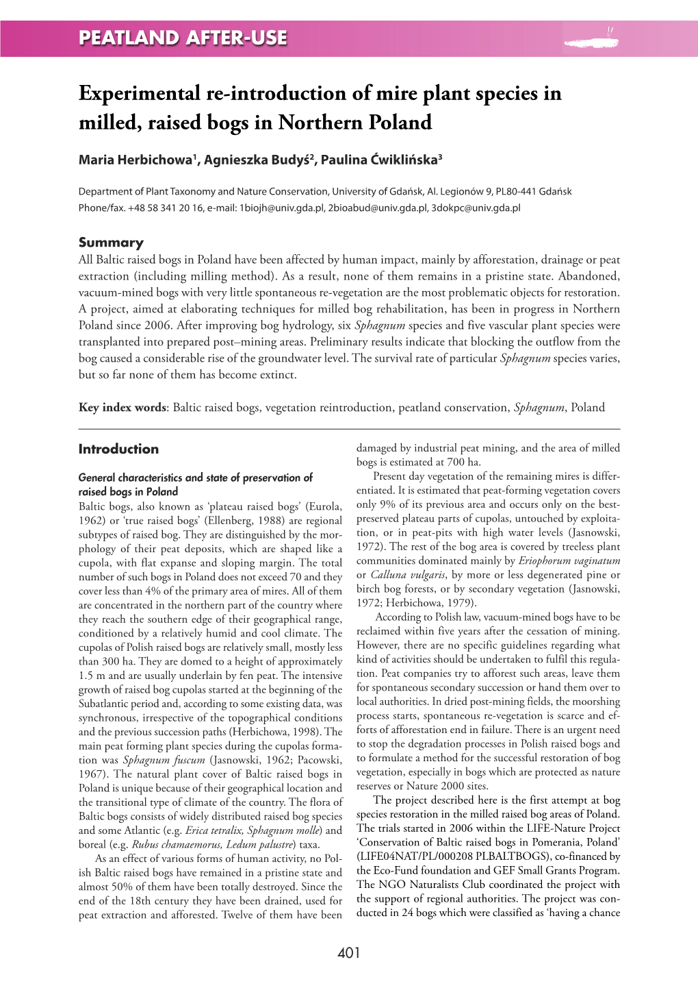 Experimental Re-Introduction of Mire Plant Species in Milled, Raised Bogs in Northern Poland