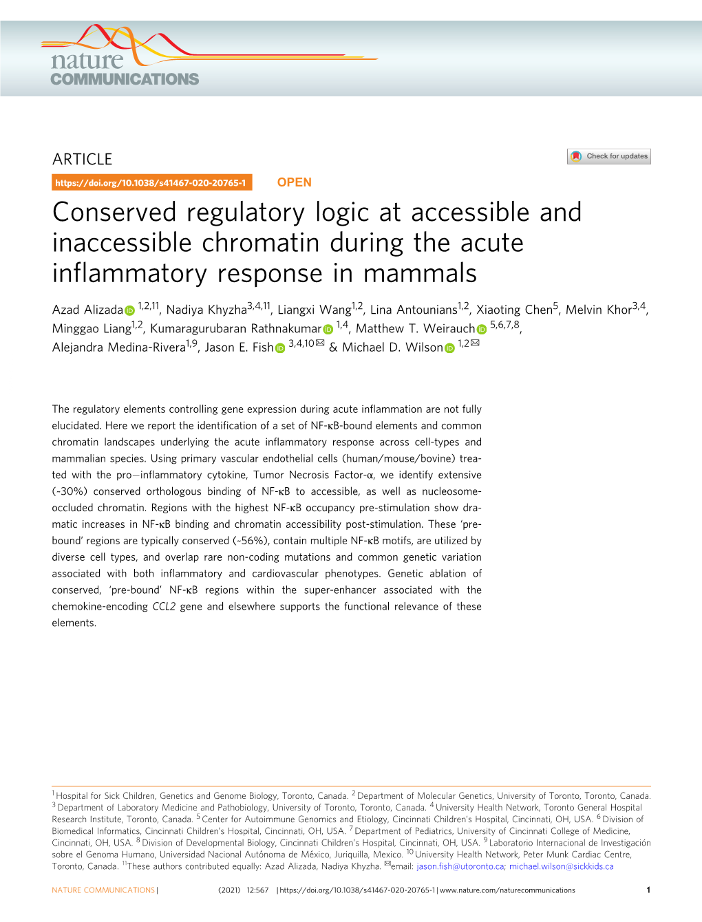 Conserved Regulatory Logic at Accessible and Inaccessible Chromatin During the Acute Inﬂammatory Response in Mammals