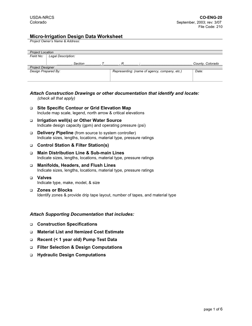 Micro Irrigation Interim Design Data Worksheet