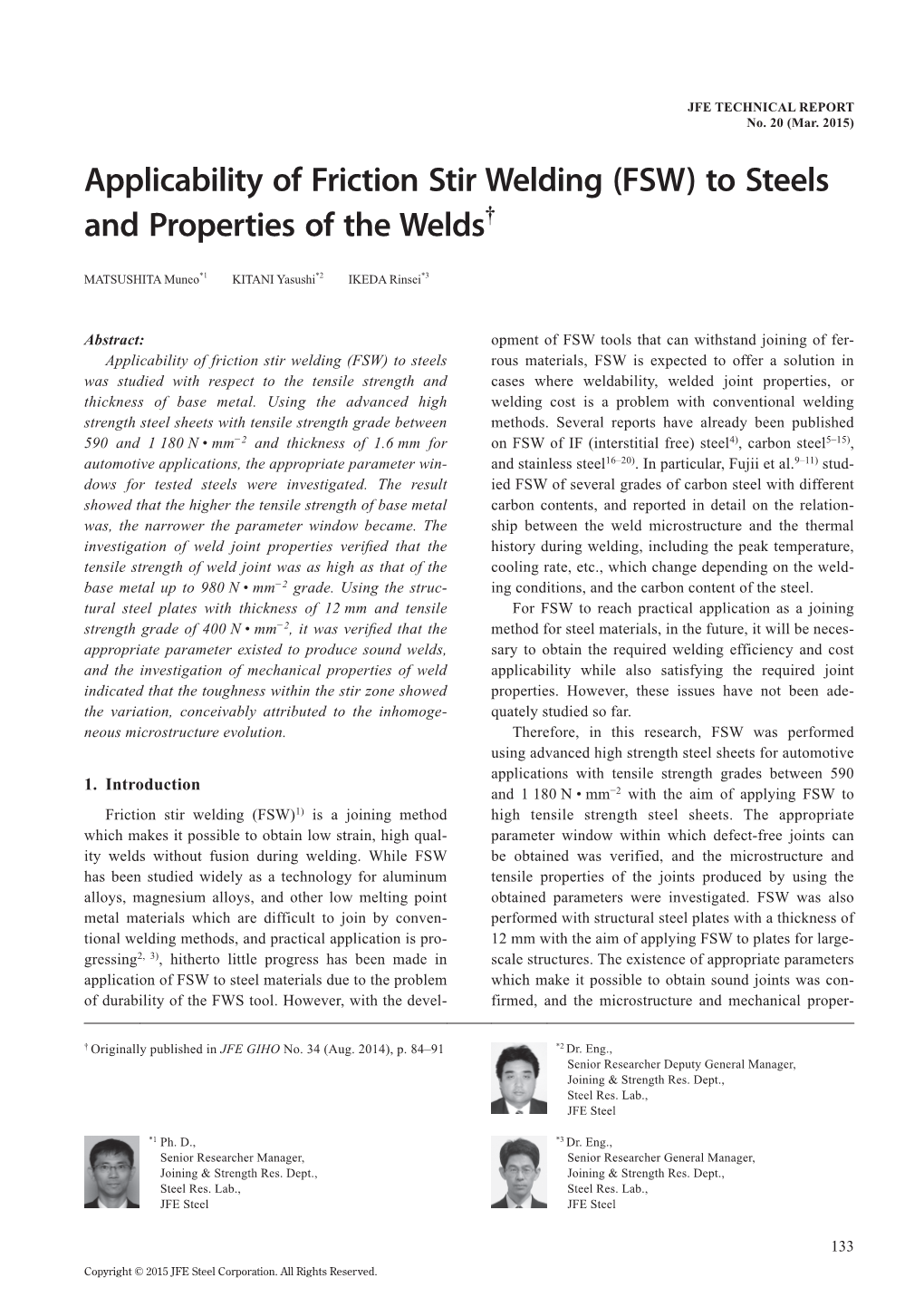 Applicability of Friction Stir Welding (FSW) to Steels and Properties of the Welds†