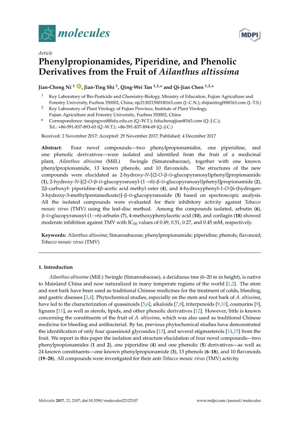 Phenylpropionamides, Piperidine, and Phenolic Derivatives from the Fruit of Ailanthus Altissima