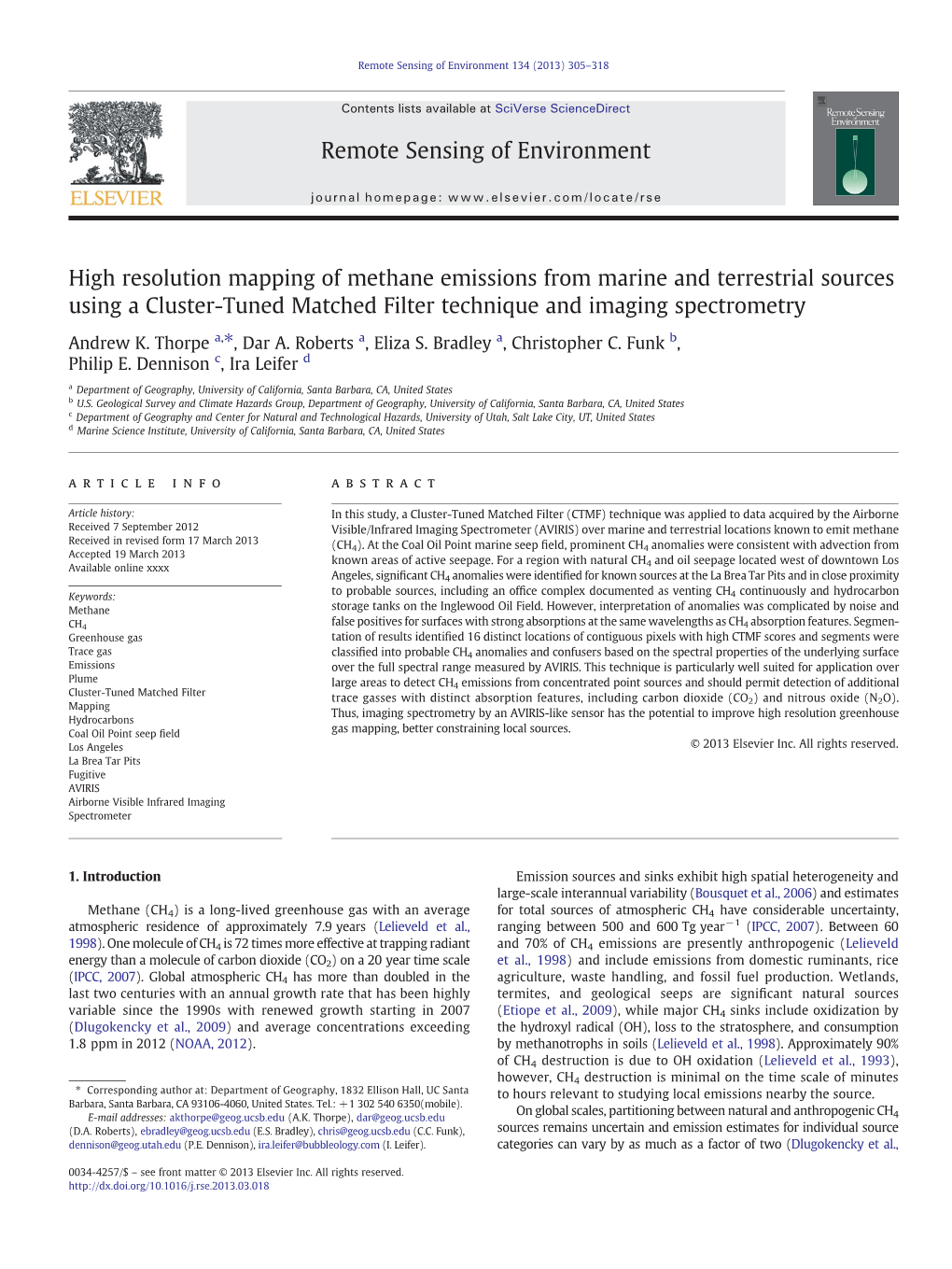 High Resolution Mapping of Methane Emissions from Marine and Terrestrial Sources Using a Cluster-Tuned Matched Filter Technique and Imaging Spectrometry