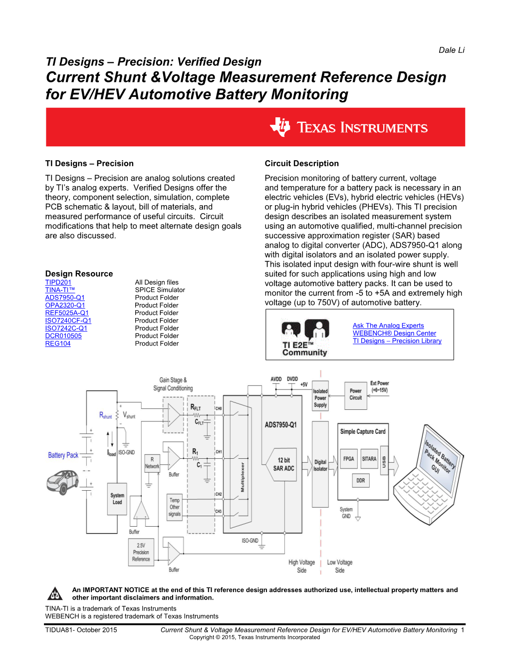 Current Shunt &Voltage Measurement Reference Design for EV/HEV