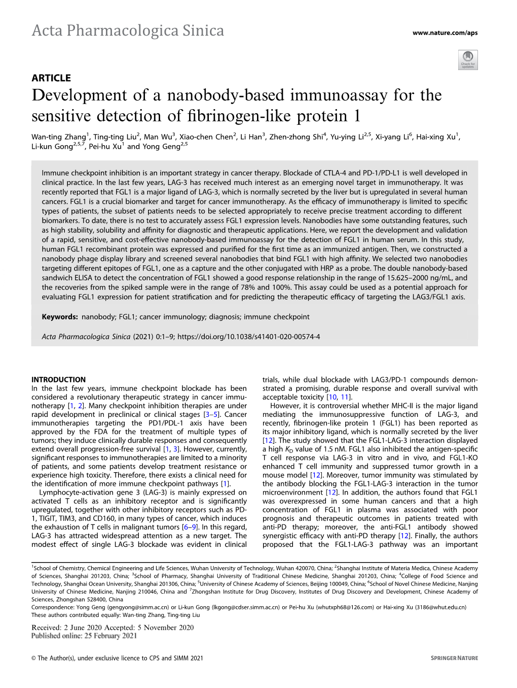 Development of a Nanobody-Based Immunoassay for the Sensitive Detection of ﬁbrinogen-Like Protein 1