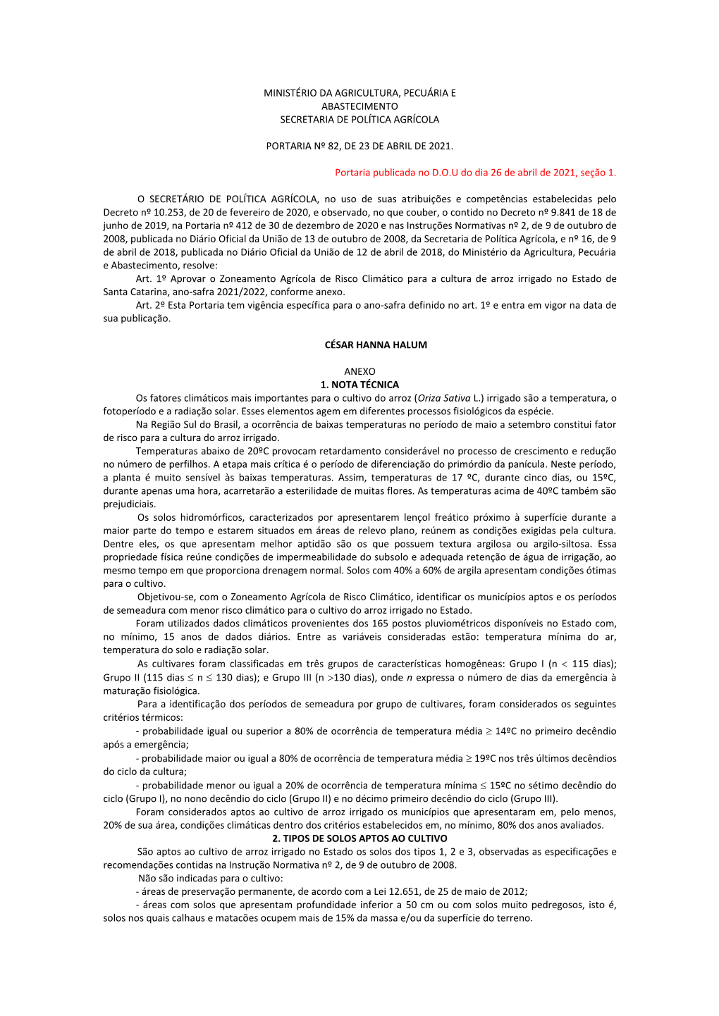 Ministério Da Agricultura, Pecuária E Abastecimento Secretaria De Política Agrícola