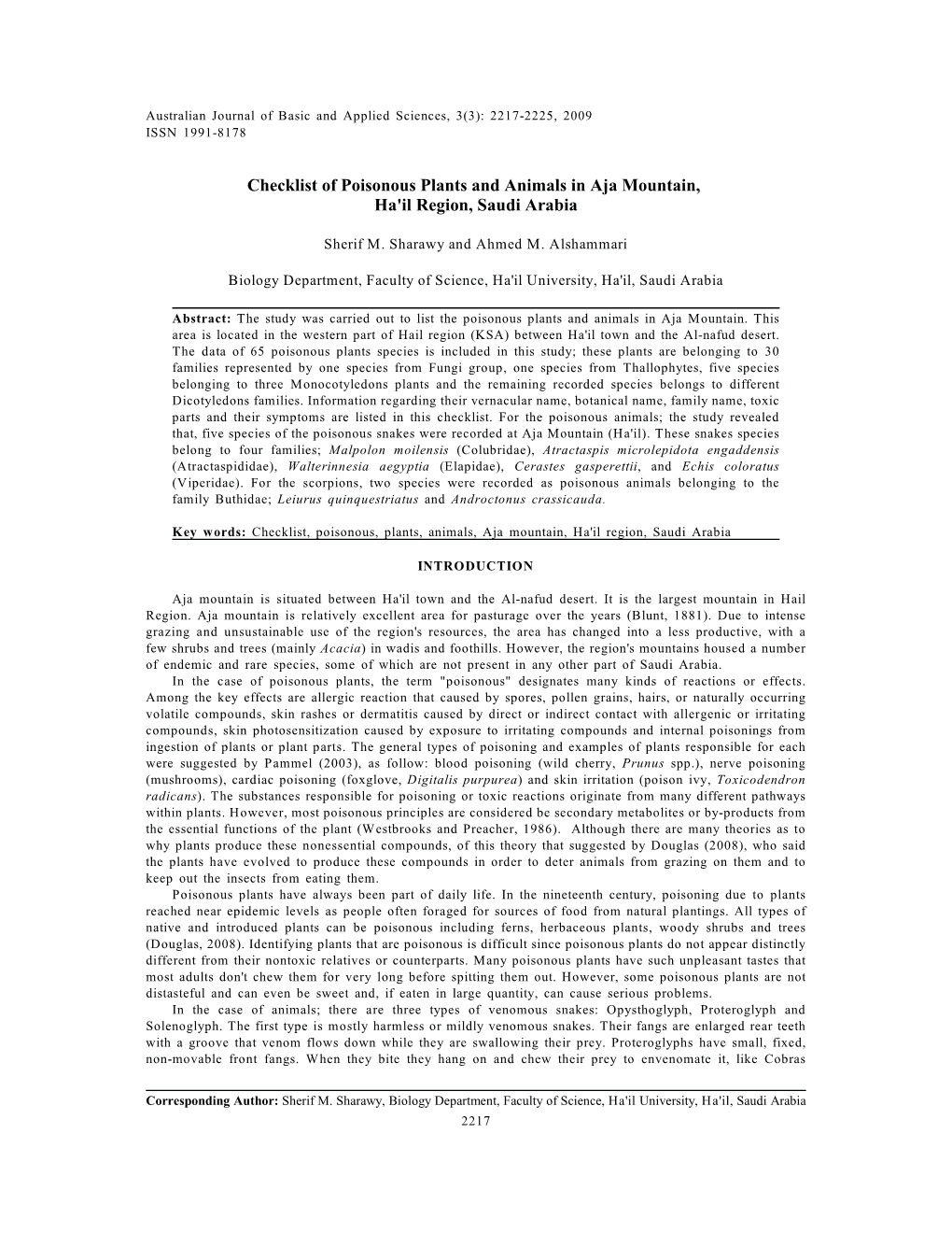 Checklist of Poisonous Plants and Animals in Aja Mountain, Ha'il Region, Saudi Arabia