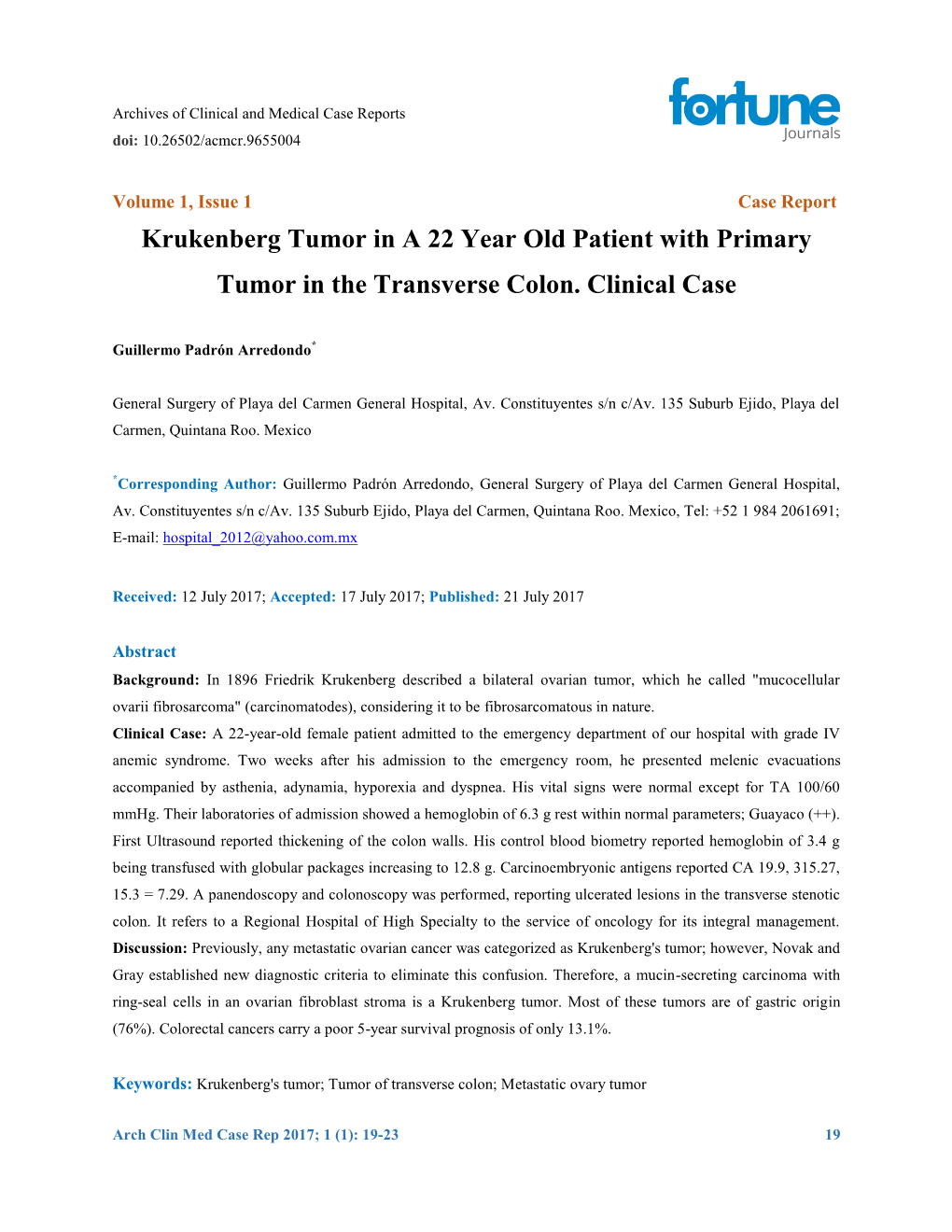 Krukenberg Tumor in a 22 Year Old Patient with Primary Tumor in the Transverse Colon