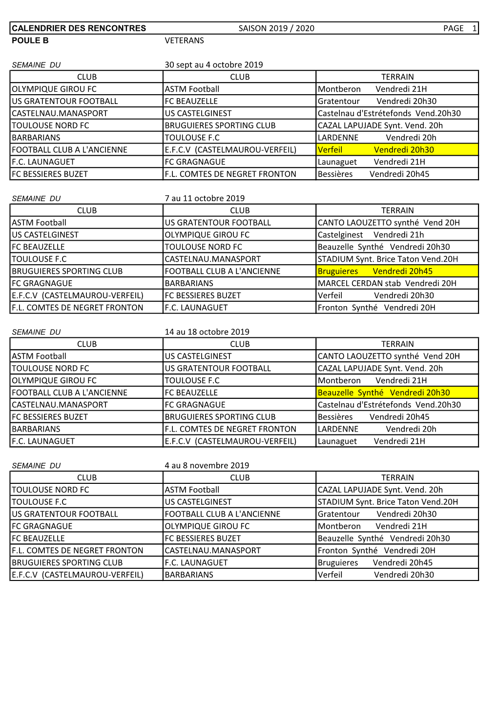 SAISON 2019 / 2020 PAGE 1 VETERANS 30 Sept Au 4 Octobre