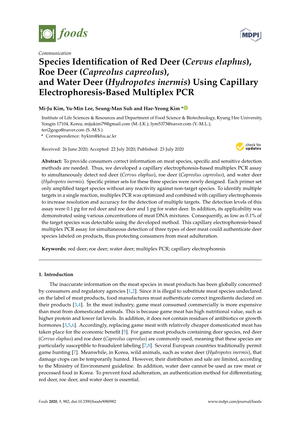 And Water Deer (Hydropotes Inermis) Using Capillary Electrophoresis-Based Multiplex PCR