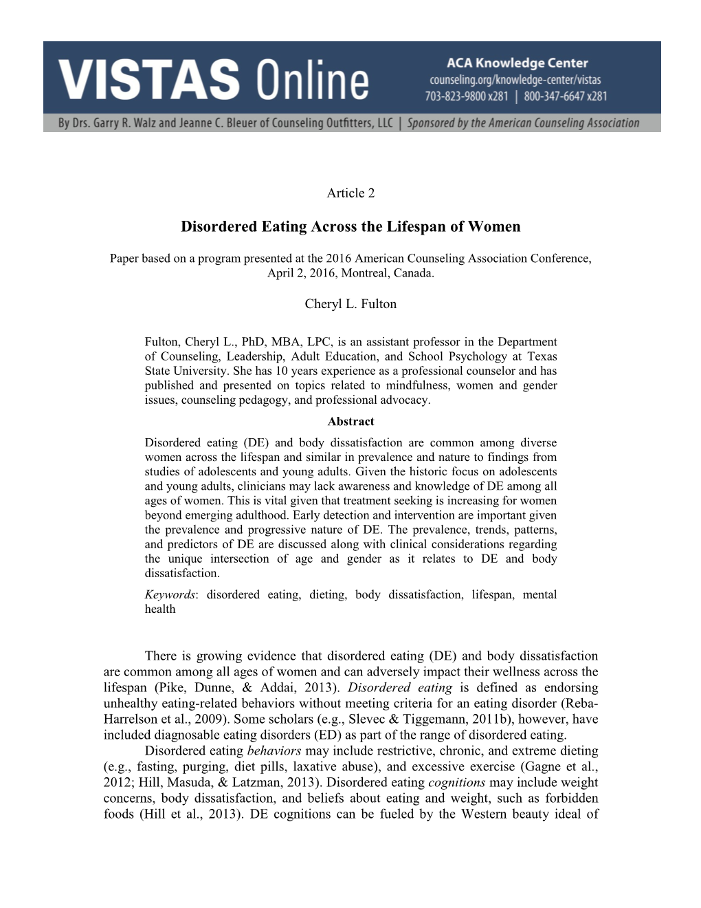 Disordered Eating Across the Lifespan of Women