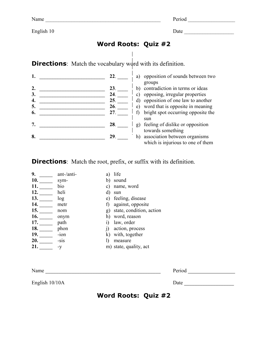 Directions: Match the Vocabulary Word with Its Definition