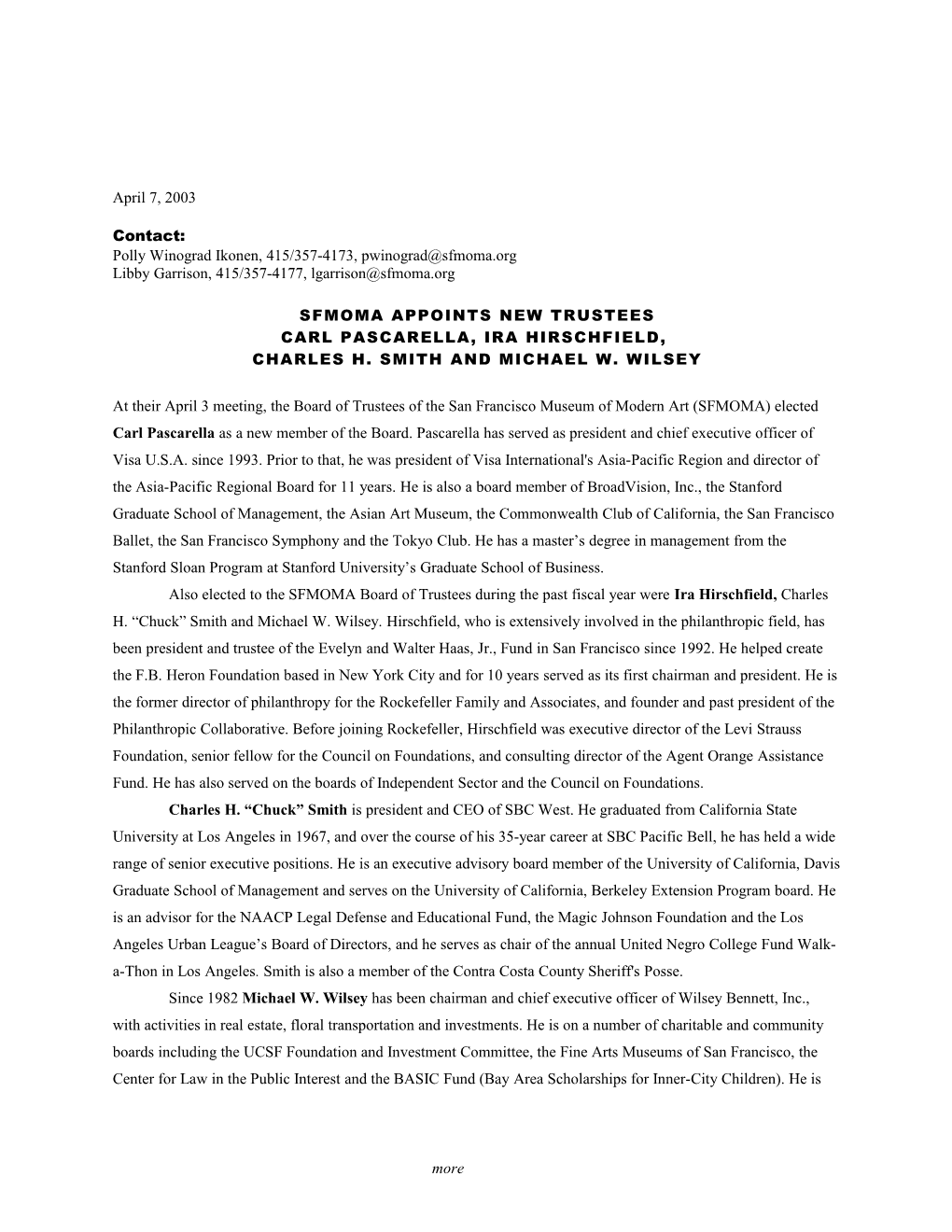 SFMOMA Press Room Press Release: SFMOMA Appoints New Trustees, April 7, 2003