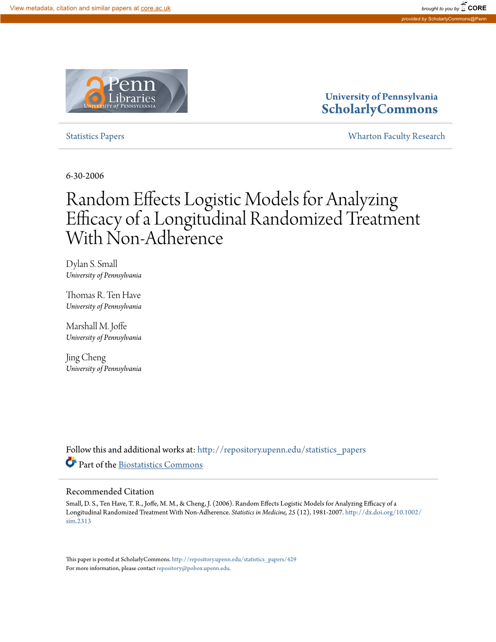 Random Effects Logistic Models for Analyzing Efficacy of a Longitudinal Randomized Treatment with Non-Adherence Dylan S