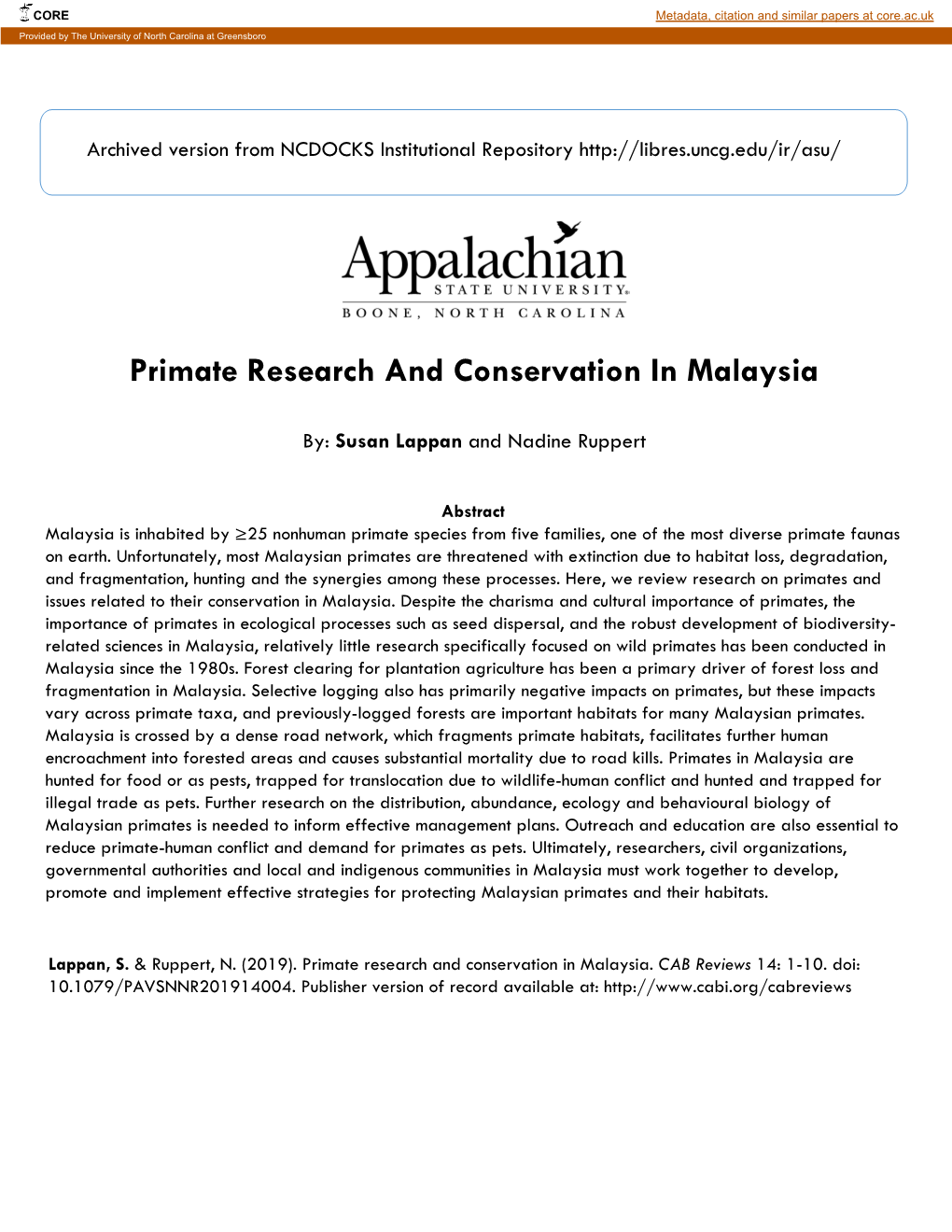 Primate Research and Conservation in Malaysia