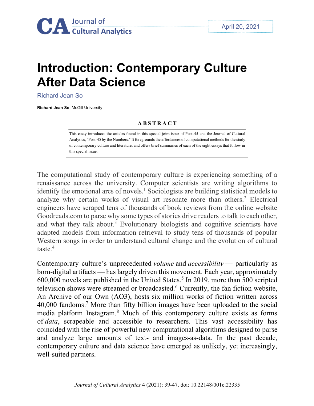 Introduction: Contemporary Culture After Data Science