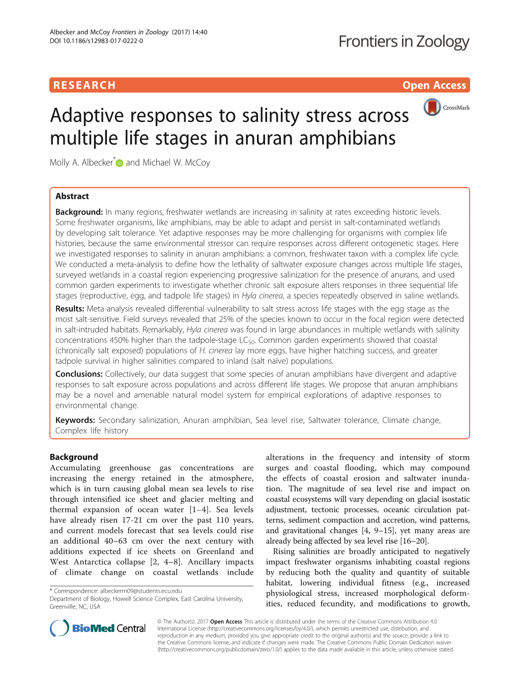 Adaptive Responses to Salinity Stress Across Multiple Life Stages in Anuran Amphibians Molly A