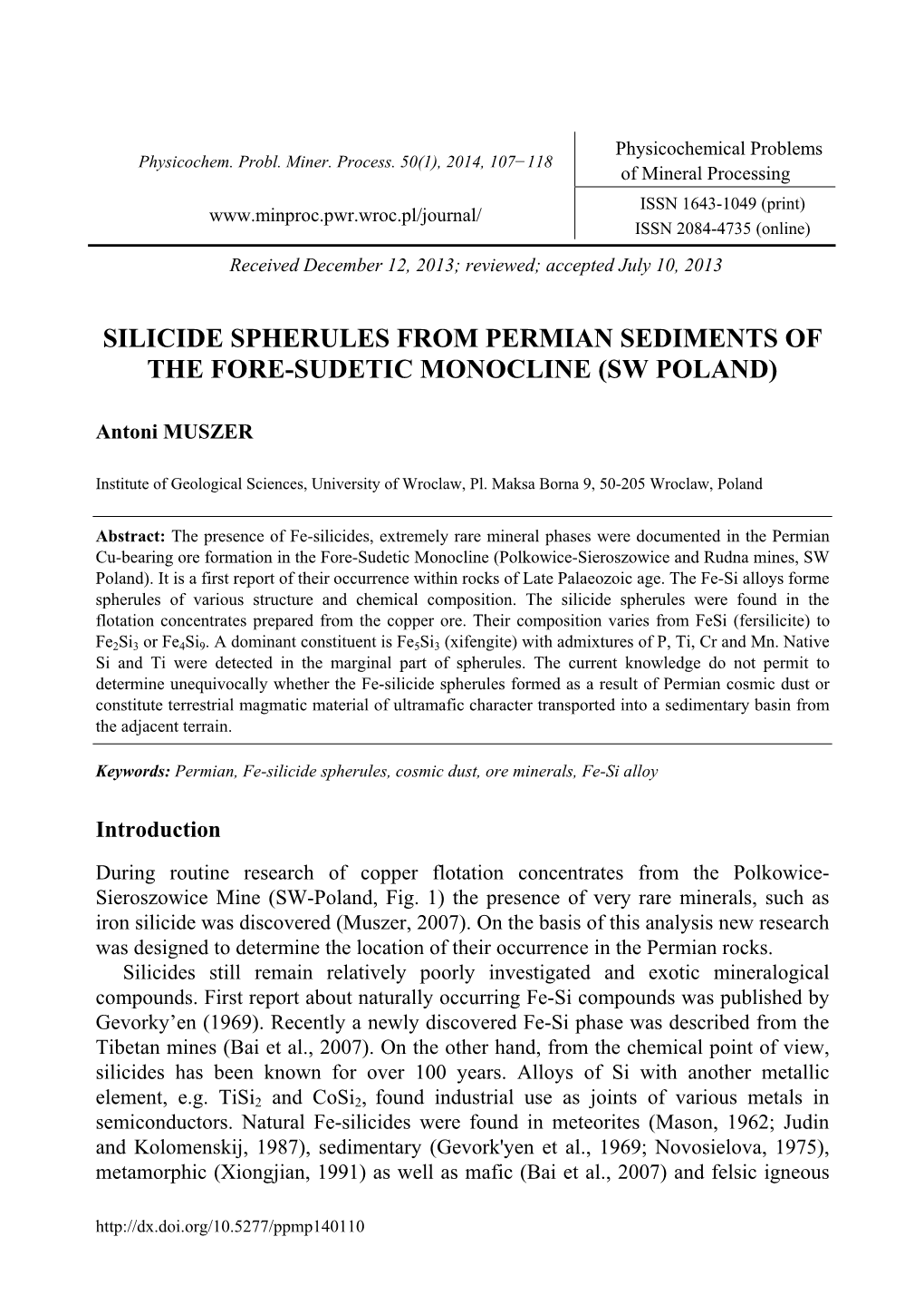 Silicide Spherules from Permian Sediments of the Fore-Sudetic Monocline (Sw Poland)