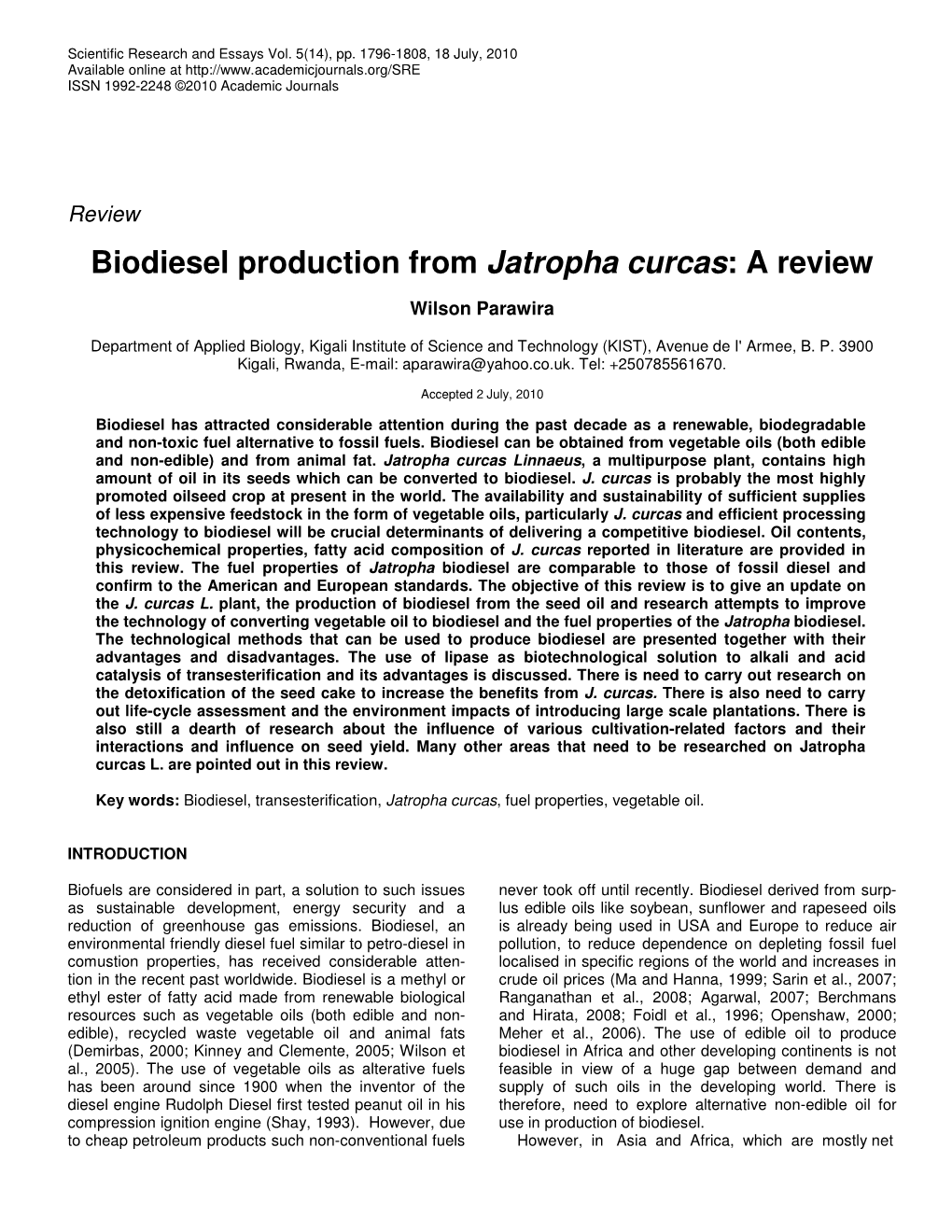 Biodiesel Production from Jatropha Curcas: a Review