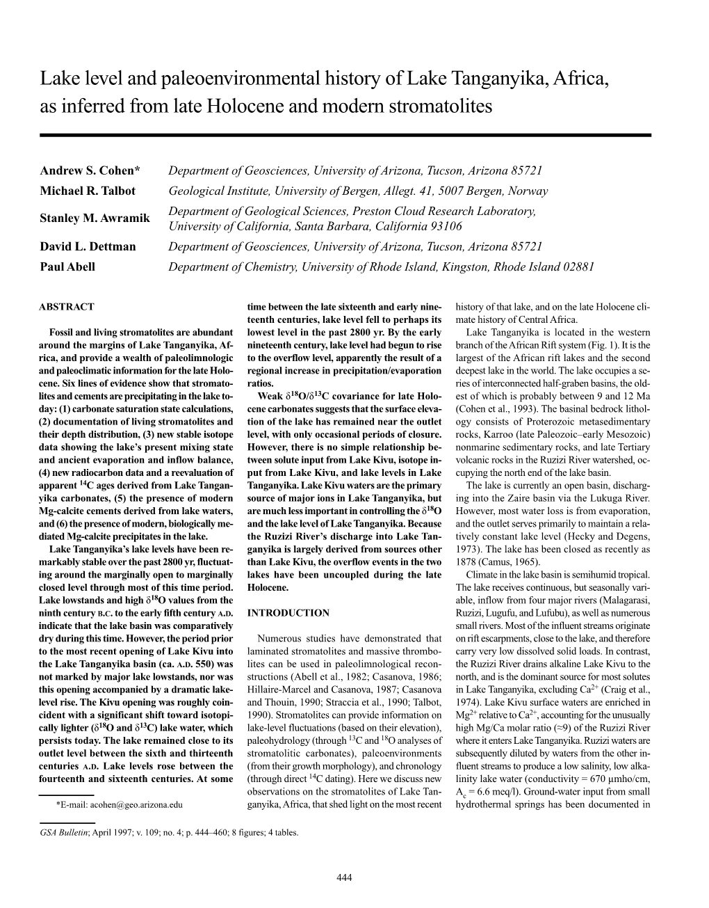 Lake Level and Paleoenvironmental History of Lake Tanganyika, Africa, As Inferred from Late Holocene and Modern Stromatolites