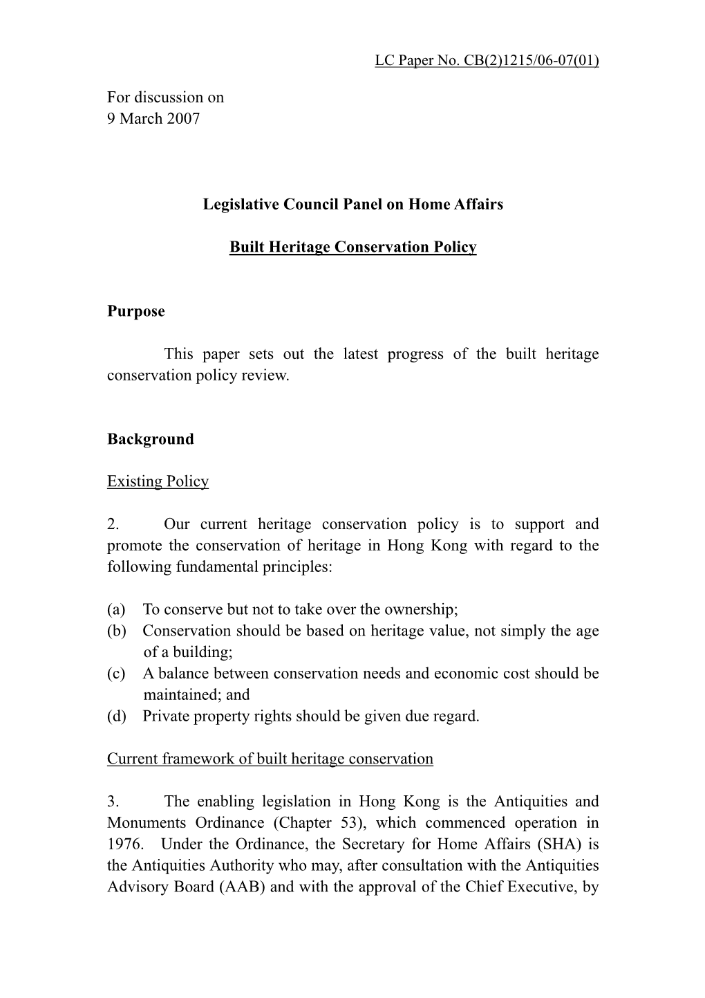 For Discussion on 9 March 2007 Legislative Council Panel on Home