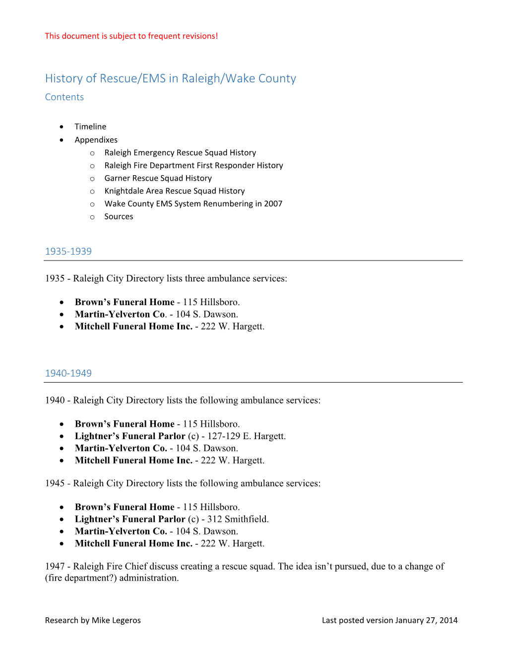 History of Rescue/EMS in Raleigh/Wake County Contents