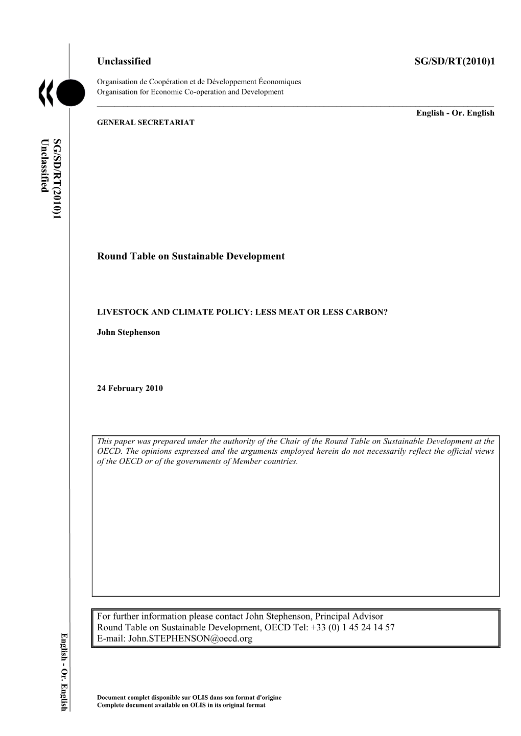 Unclassified SG/SD/RT(2010)1 Round Table on Sustainable Development