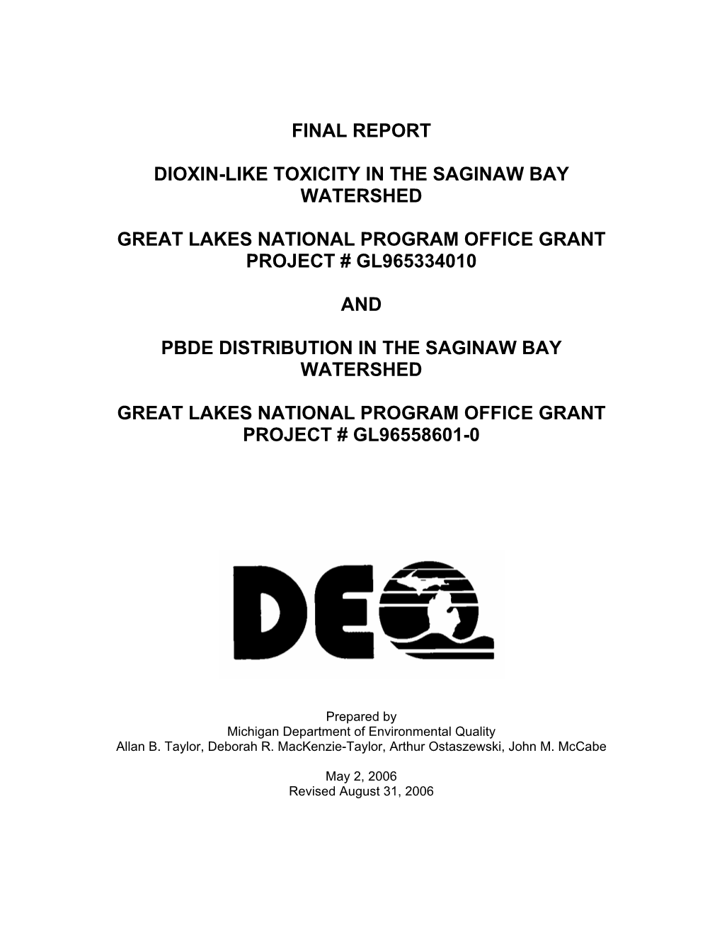 Final Report Dioxin-Like Toxicity in the Saginaw Bay