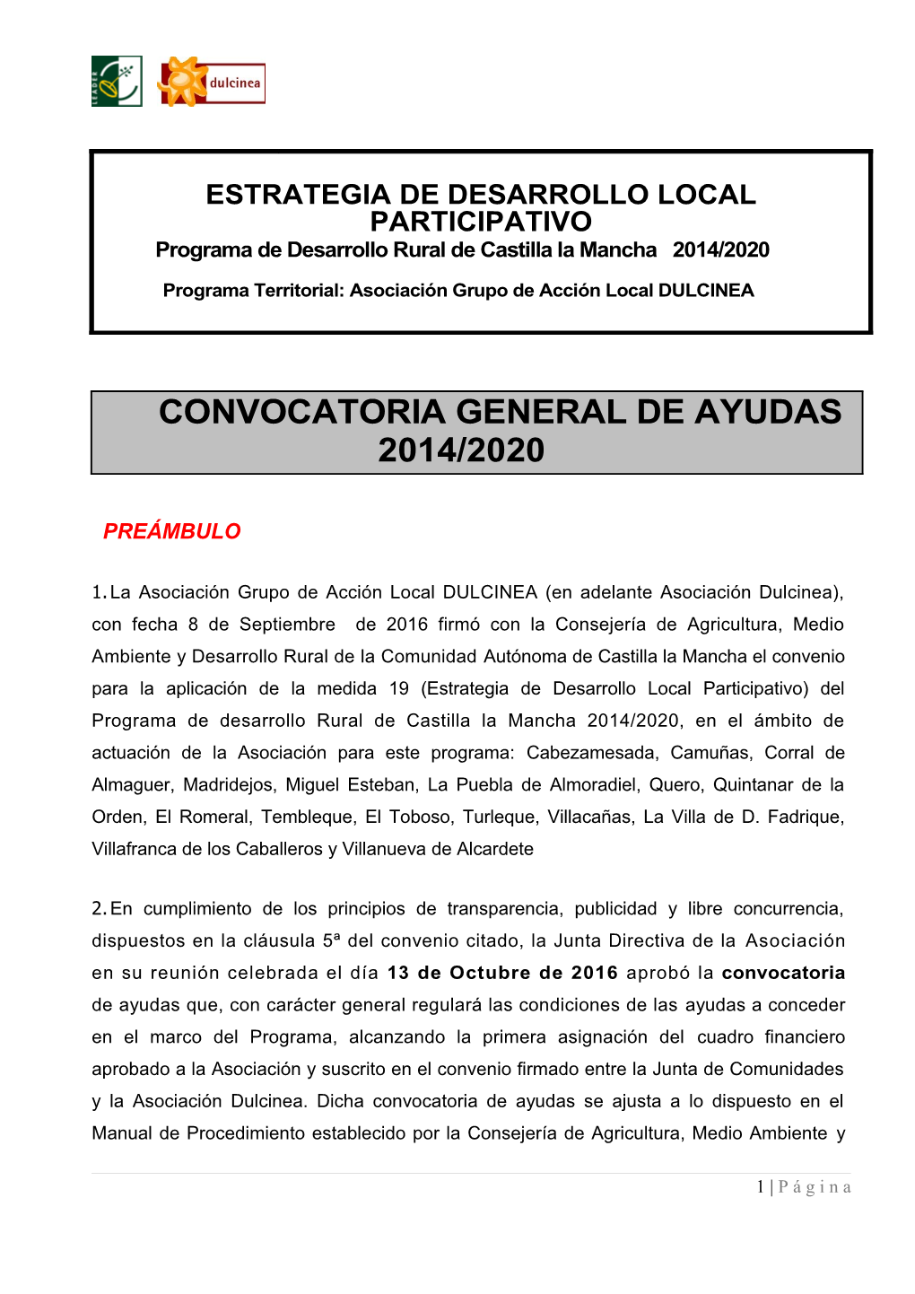 Convocatoria De Ayudas Dulcinea 2014-2020