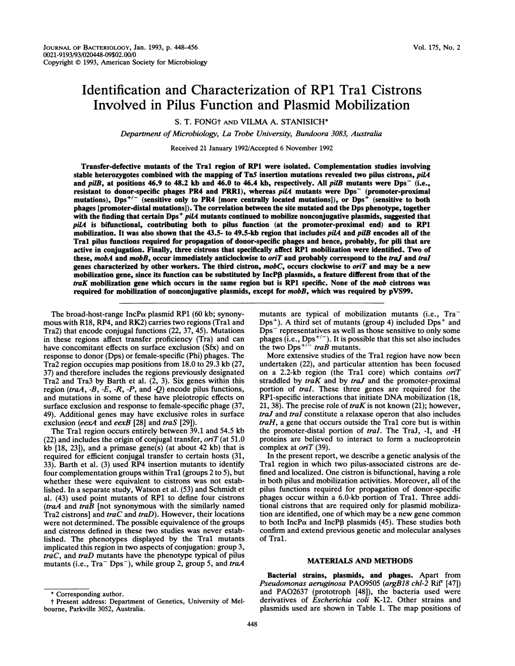 Identification and Characterization of RP1 Tra1 Cistrons Involved in Pilus Function and Plasmid Mobilization