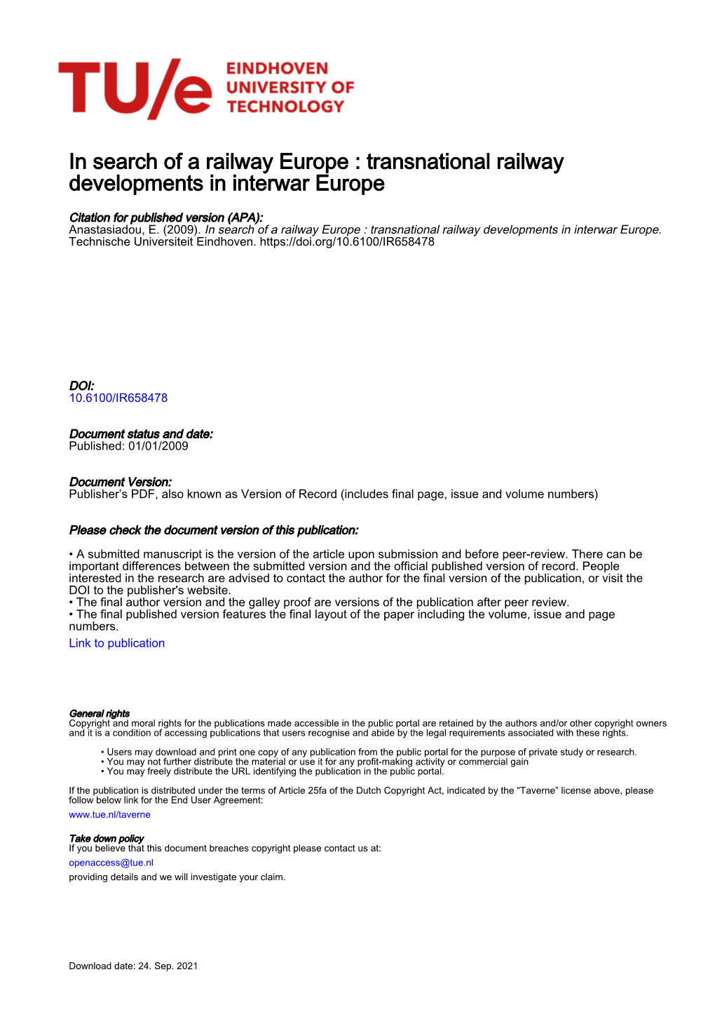 In Search of a Railway Europe : Transnational Railway Developments in Interwar Europe