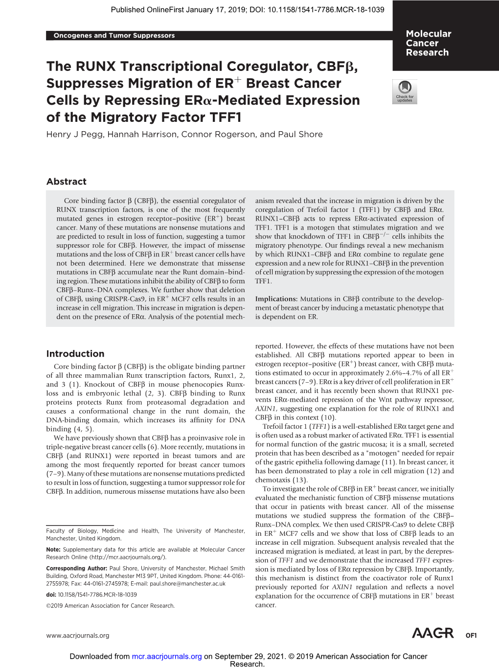 The RUNX Transcriptional Coregulator, Cbfβ, Suppresses Migration of ER+ Breast Cancer Cells by Repressing Erα-Mediated Express