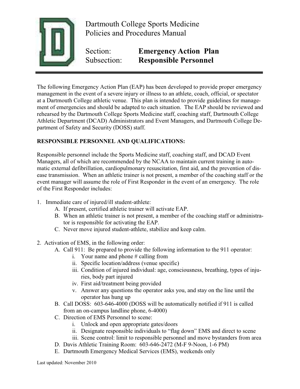 Emergency Action Plan Subsection: Responsible Personnel