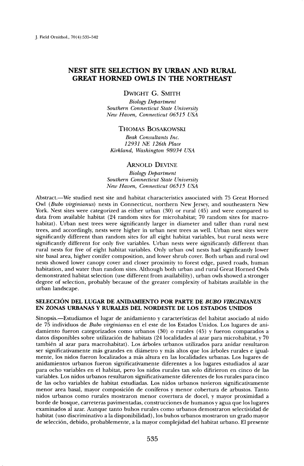 Nest Site Selection by Urban and Rural Great Horned Owls in the Northeast