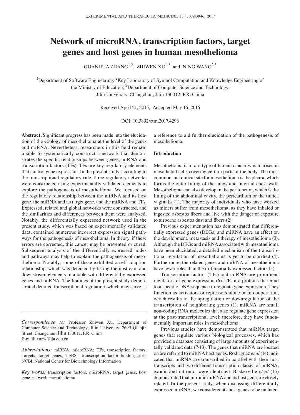 Network of Microrna, Transcription Factors, Target Genes and Host Genes in Human Mesothelioma