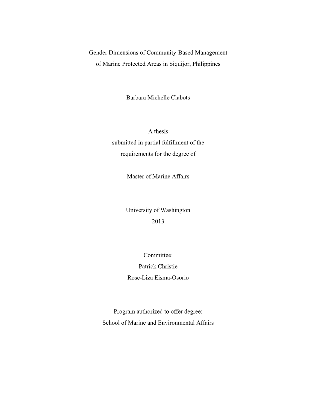 Gender Dimensions of Community-Based Management of Marine Protected Areas in Siquijor, Philippines