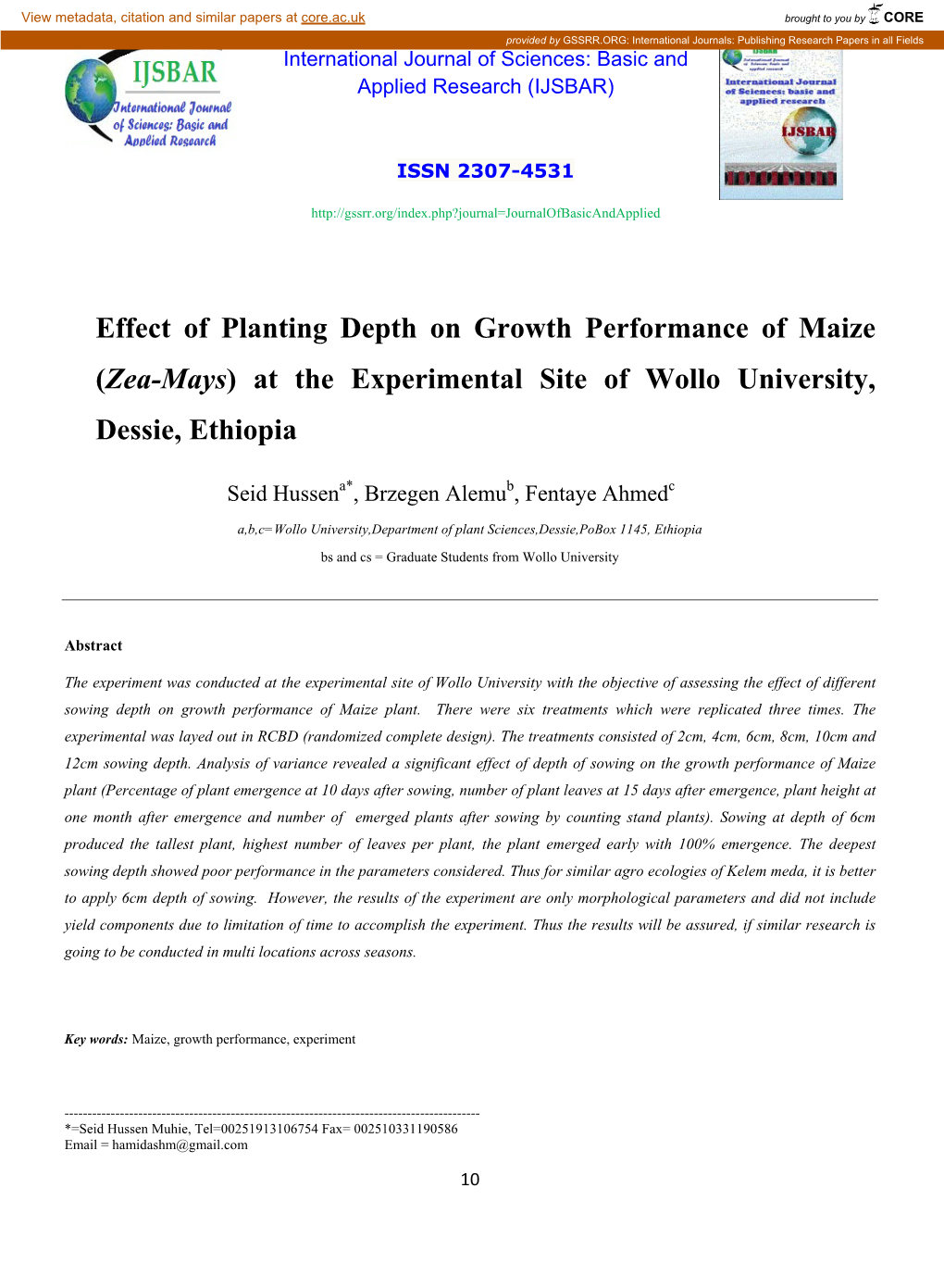 Effect of Planting Depth on Growth Performance of Maize (Zea-Mays) at the Experimental Site of Wollo University, Dessie, Ethiopia