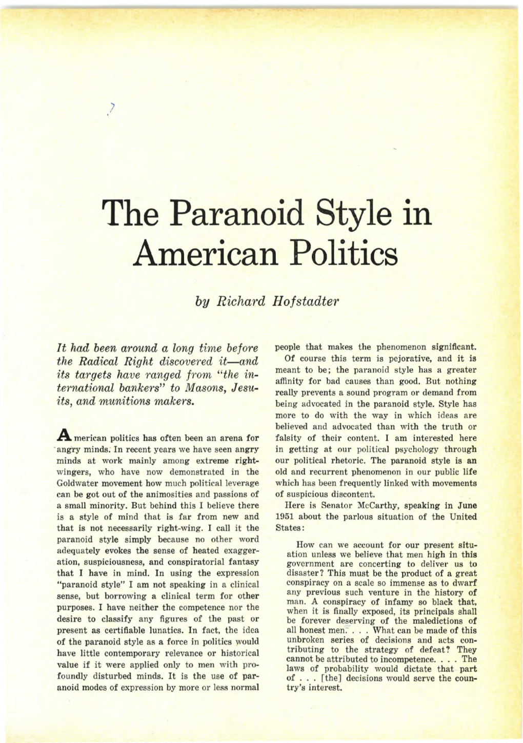 The Paranoid Style in American Politics