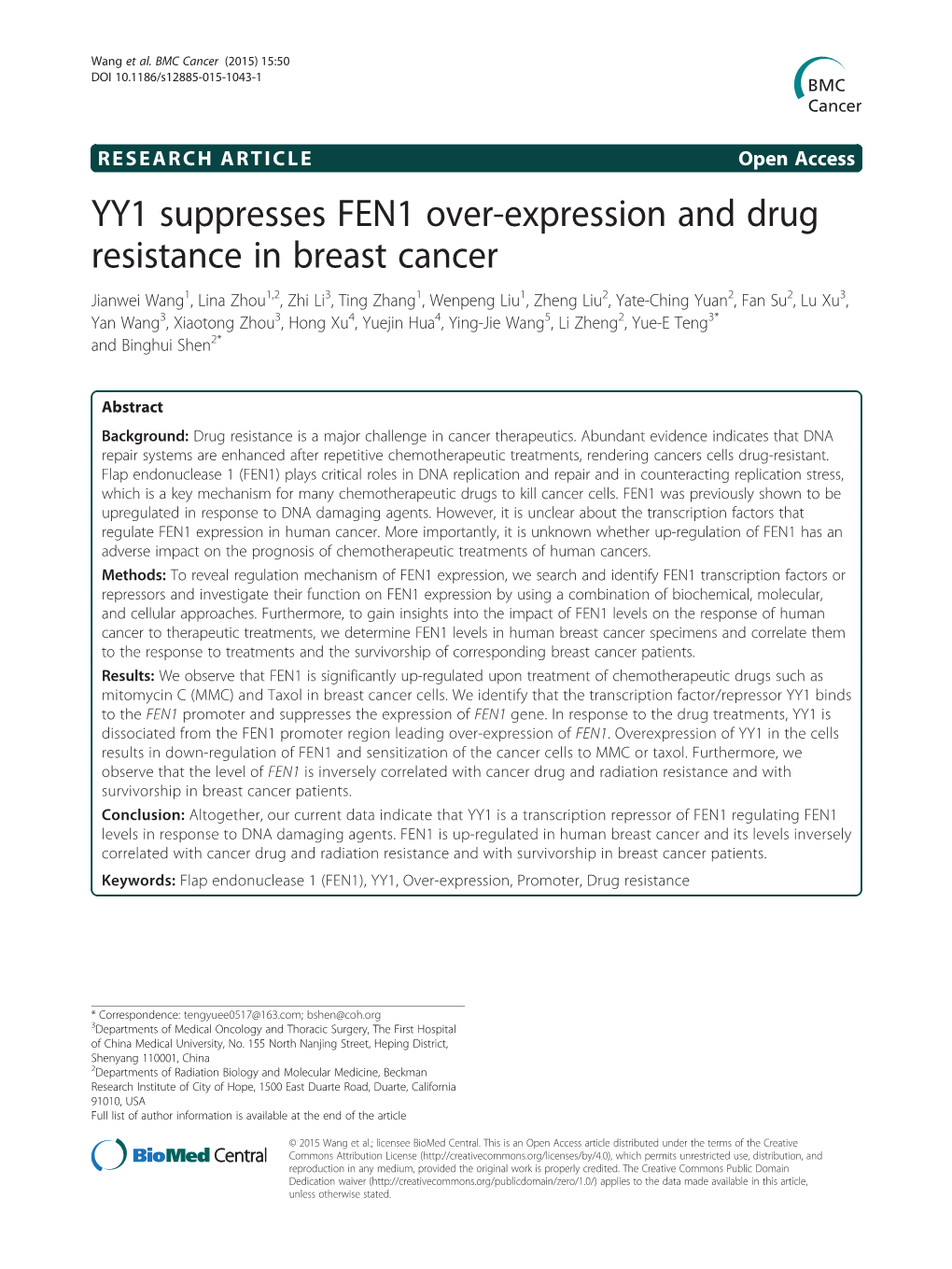 YY1 Suppresses FEN1 Over-Expression and Drug