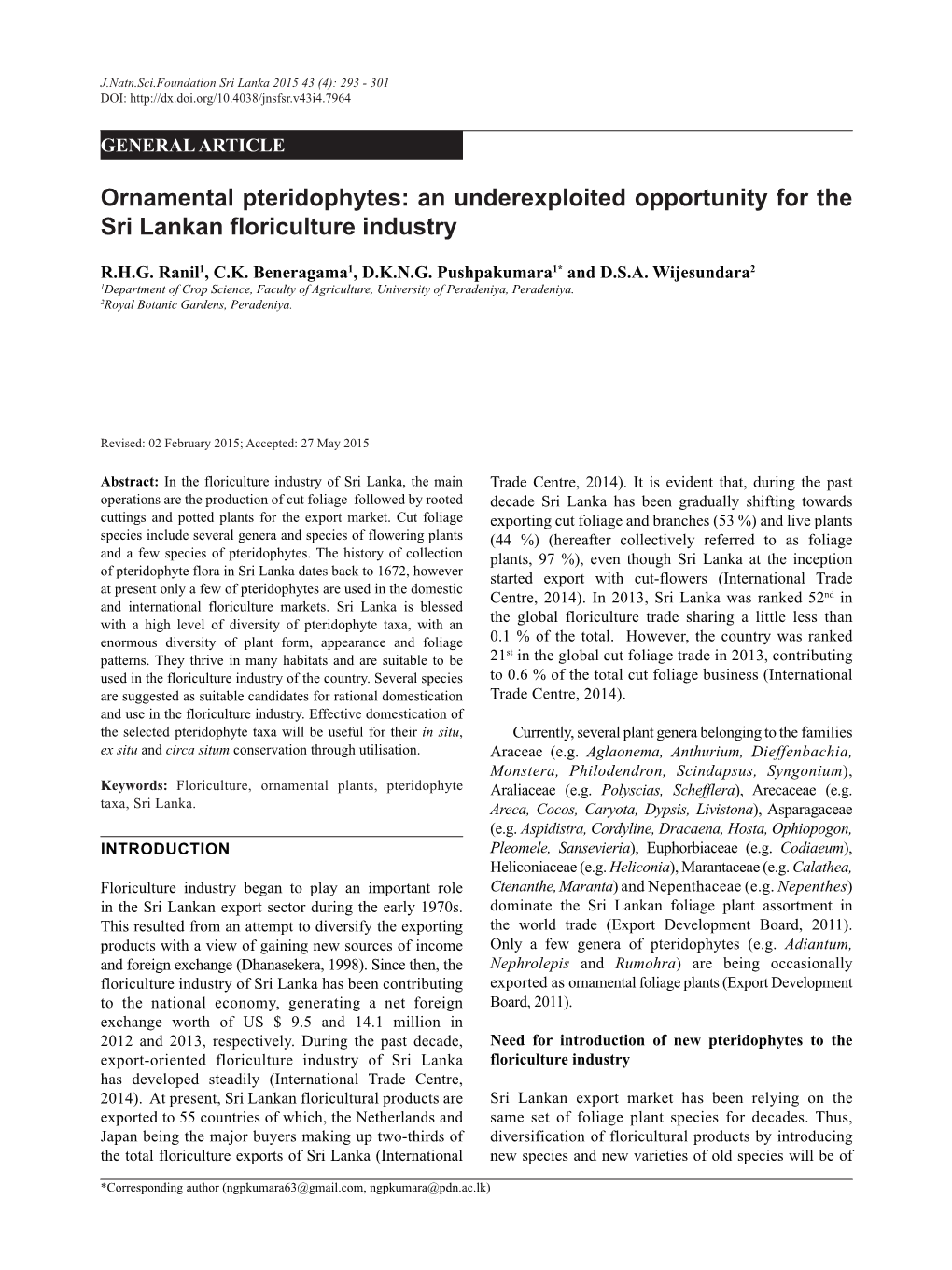 Ornamental Pteridophytes: an Underexploited Opportunity for the Sri Lankan Floriculture Industry